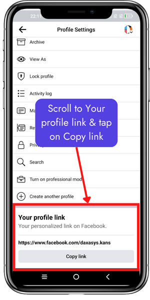Scroll to Your profile link & tap on Copy link