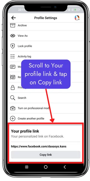 Scroll to Your profile link & tap on Copy link
