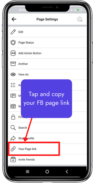 Tap and copy your FB page link