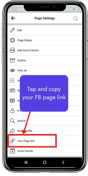 Tap and copy your FB page link