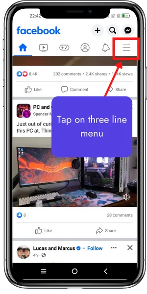 Tap on three line menu