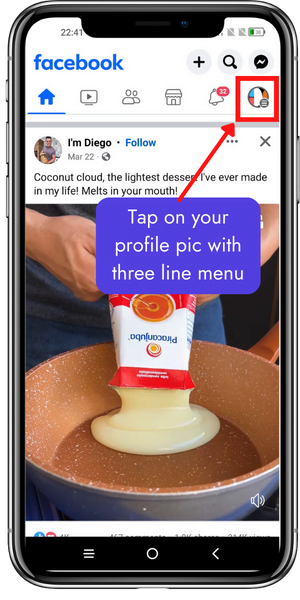 Tap on your profile pic with three line menu