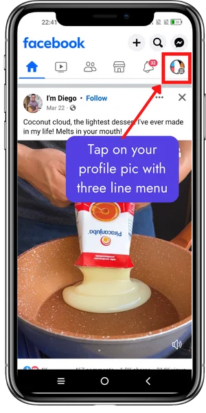 Tap on your profile pic with three line menu