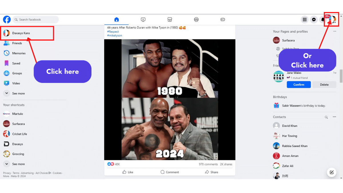 click on your profile picture or name